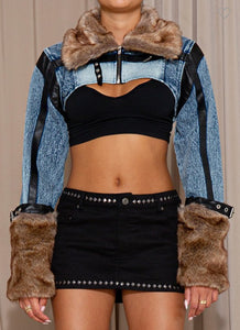 Fur Trim Bolero Denim/ Leather Jacket