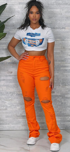 Orange Stacked Ripped Jeans