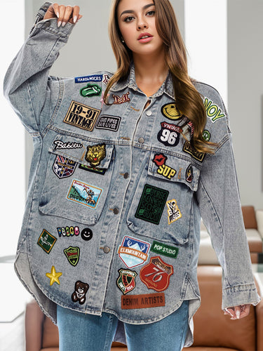 Embroidered Patches Button Up Long Sleeve Denim Jacket