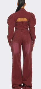 Cut-out Detail Cargo Jumpsuit w/Puff Sleeves