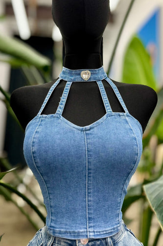 Denim Tie Neck Jewel Top