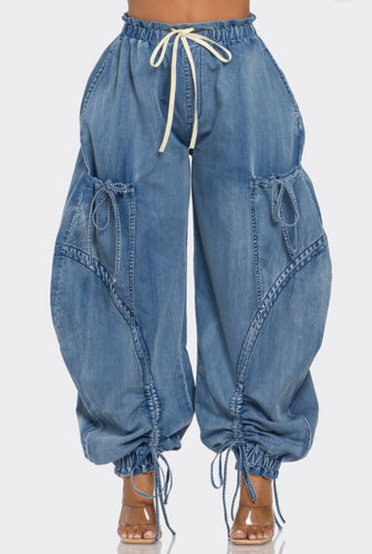 Drawstring Denim Oversized Cargo Jeans