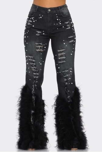 Distressed Pearl and Embellished Feather detail Jeans