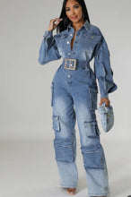 Load image into Gallery viewer, Ruffle Sleeve Denim Cargo Jumpsuit