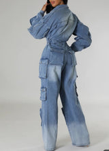 Load image into Gallery viewer, Ruffle Sleeve Denim Cargo Jumpsuit